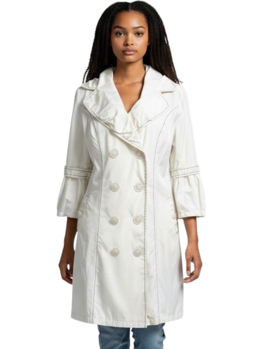 Monoreno Cream Ivory Double Breasted Ruffle Sleeve Contrast Stitch Trench Coat L